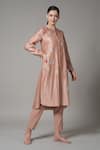 Buy_Joy Mitra_Peach Chanderi Embroidered Butterfly Motif Mandarin Collar Kurta And Pant Set _Online_at_Aza_Fashions