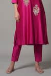 Joy Mitra_Fuchsia Chanderi Embroidered Thread V Neck Placement Straight Kurta And Pant Set _Online_at_Aza_Fashions