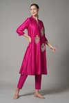 Buy_Joy Mitra_Fuchsia Chanderi Embroidered Thread V Neck Placement Straight Kurta And Pant Set _Online_at_Aza_Fashions