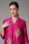 Shop_Joy Mitra_Fuchsia Chanderi Embroidered Thread V Neck Placement Straight Kurta And Pant Set _Online_at_Aza_Fashions