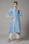 Buy_Joy Mitra_Blue Chanderi Embroidered Thread Round Floral Kurta And Pant Set _at_Aza_Fashions