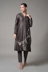 Buy_Joy Mitra_Black Chanderi Embroidered Thread Collared V Floral Vine Kurta And Pant Set _at_Aza_Fashions