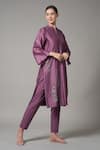 Buy_Joy Mitra_Purple Chanderi Embroidered Thread Collared V Placement Kurta And Pant Set _Online_at_Aza_Fashions