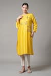 Buy_Joy Mitra_Yellow Chanderi Embroidered Thread Round Floral Vine Kurta And Pant Set _at_Aza_Fashions