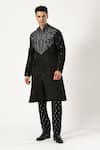 PARESH LAMBA SIGNATURES_Black Linen Satin Embroidered Thread Kurta And Trouser Set _Online_at_Aza_Fashions