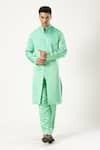 Buy_PARESH LAMBA SIGNATURES_Green Linen Satin Embroidered Thread Kurta And Trouser Set _at_Aza_Fashions