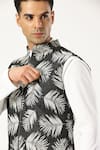 Shop_PARESH LAMBA SIGNATURES_Black Denim Printed Leaf Bundi _Online_at_Aza_Fashions