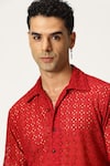 PARESH LAMBA SIGNATURES_Red Lycra Embroidered Cutwork Shirt _at_Aza_Fashions