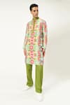 Shop_PARESH LAMBA SIGNATURES_Green Linen Printed Floral Blossom Kurta _at_Aza_Fashions