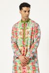 PARESH LAMBA SIGNATURES_Green Linen Printed Floral Blossom Kurta _at_Aza_Fashions