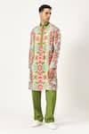 Shop_PARESH LAMBA SIGNATURES_Green Linen Printed Floral Blossom Kurta 