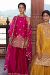 Shop_Pink City by Sarika_Pink Silk Chanderi Embroidery Kamal Halter Neck Zardosi Kurta And Sharara Set _Online_at_Aza_Fashions