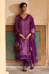 Shop_Pink City by Sarika_Purple Organza, Tissue, Poplin Embroidery V-neck Mandala Kurta And Pant Set _Online_at_Aza_Fashions