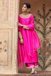 Buy_Pink City By Sarika_Pink Organza, Silk, Chanderi Beads Round Neck Rani Embroidered Kurta And Pant Set _at_Aza_Fashions