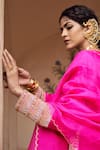 Buy_Pink City By Sarika_Pink Organza, Silk, Chanderi Beads Round Neck Rani Embroidered Kurta And Pant Set _Online_at_Aza_Fashions