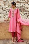Buy_Pink City by Sarika_Peach Silk, Chanderi Embroidery Round Neck Hasti Kurta Pant Set 