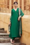 Buy_Pink City by Sarika_Emerald Green Kurta Silk Chanderi Embroidered Bandhani Hasti Angarkha Set _at_Aza_Fashions