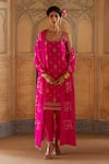 Buy_Pink City by Sarika_Pink Silk, Chanderi, Gingham Tassels, Strappy Kamal Ka Phool Kurta Set _at_Aza_Fashions