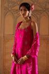 Shop_Pink City by Sarika_Pink Silk, Chanderi, Gingham Tassels, Strappy Kamal Ka Phool Kurta Set _Online_at_Aza_Fashions