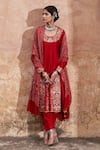 Buy_Pink City by Sarika_Red Silk, Chanderi, Gingham Pearls, Chains Mor Kalidaar Embroidered Anarkali Set _at_Aza_Fashions