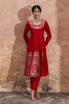 Shop_Pink City by Sarika_Red Silk, Chanderi, Gingham Pearls, Chains Mor Kalidaar Embroidered Anarkali Set _at_Aza_Fashions