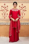 Buy_Pink City by Sarika_Red Silk Embroidered Bandhani Round Maharani Sharara Set With Detachable Collar _at_Aza_Fashions