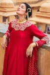 Shop_Pink City by Sarika_Red Silk Embroidered Bandhani Round Maharani Sharara Set With Detachable Collar _at_Aza_Fashions