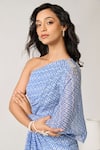 S&N by Shantnu Nikhil_Blue Shimmer Chiffon Printed Floral Asymmetric Draped Dress _Online_at_Aza_Fashions