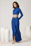 Buy_S&N by Shantnu Nikhil_Blue Poly Jersey Printe Geometric Round High Neck Crop Top _Online_at_Aza_Fashions