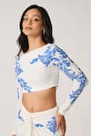 Buy_S&N by Shantnu Nikhil_Off White Poly Jersey Printed Paisley Boat Neck Floral Draped Top _Online_at_Aza_Fashions