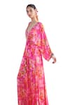 Buy_Mandira Wirk_Pink Chiffon Printed Iznik Plunge V Neck Bahar Kaftan _Online_at_Aza_Fashions