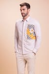 AMIT ARORA_White Cotton Knit Placement Patch Floral Canvas Work Shirt _Online_at_Aza_Fashions