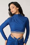 Buy_S&N by Shantnu Nikhil_Blue Poly Jersey Printe Geometric Round High Neck Crop Top _at_Aza_Fashions