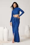 Shop_S&N by Shantnu Nikhil_Blue Poly Jersey Printe Geometric Round High Neck Crop Top _Online_at_Aza_Fashions