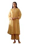 Shop_Vaayu_Yellow Cotton Muslin Printed Linear Round Kurta And Pant Set 