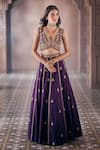 Buy_Aariyana Couture_Purple Bamber Silk Embroidered Floral Plunged V Lehenga And Blouse Set _at_Aza_Fashions