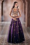 Aariyana Couture_Purple Bamber Silk Embroidered Floral Plunged V Lehenga And Blouse Set _Online