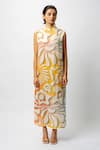 Forty Four_Yellow Satin Digital Print Floral High Neck Abstract Dress _Online_at_Aza_Fashions