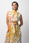 Shop_Forty Four_Yellow Satin Digital Print Floral High Neck Abstract Dress _Online_at_Aza_Fashions