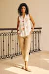 Buy_Kharakapas_Off White Cotton Mul Print Floral Narrow V Neck Gentle Mind Top _at_Aza_Fashions