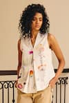 Shop_Kharakapas_Off White Cotton Mul Print Floral Narrow V Neck Gentle Mind Top _Online_at_Aza_Fashions