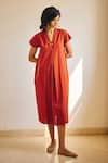 Buy_Kharakapas_Red Cotton Mul Solid V Neck Ember Spirit Midi Dress _at_Aza_Fashions