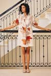 Buy_Kharakapas_Off White Cotton Mul Print Bloom Stand Collar V Neck Eternal Sunshine Dress _at_Aza_Fashions