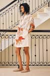 Kharakapas_Off White Cotton Mul Print Bloom Stand Collar V Neck Eternal Sunshine Dress _Online_at_Aza_Fashions