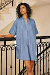 Buy_Kharakapas_Blue Linen Solid V Neck Hidden Gem Midi Dress _Online_at_Aza_Fashions