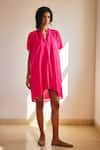 Buy_Kharakapas_Pink Cotton Mul V Neck Passion Plain Dress _at_Aza_Fashions