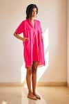 Shop_Kharakapas_Pink Cotton Mul V Neck Passion Plain Dress _Online_at_Aza_Fashions