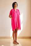 Kharakapas_Pink Cotton Mul V Neck Passion Plain Dress _at_Aza_Fashions