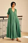 Buy_Kharakapas_Green Cotton Mul V Neck Spirited Away Maxi Dress _at_Aza_Fashions