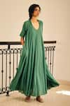 Shop_Kharakapas_Green Cotton Mul V Neck Spirited Away Maxi Dress _at_Aza_Fashions